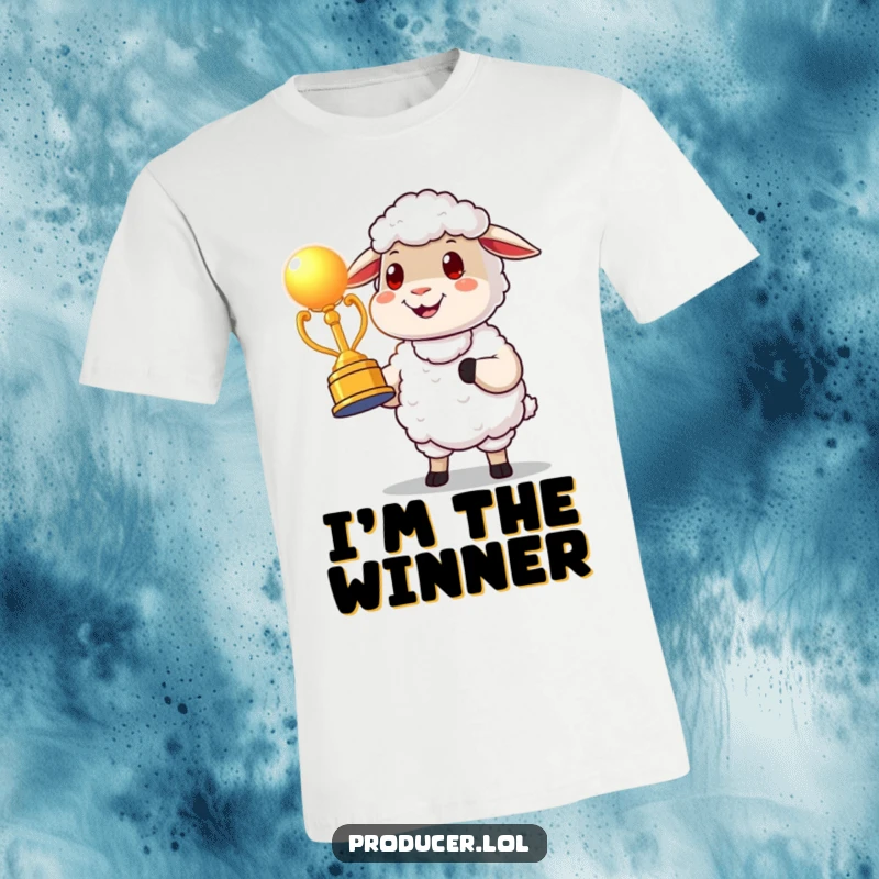 Funny cartoon sheep t-shirt proudly presenting a glowing award statue, showcasing victory with a satisfied and cheerful vibe.