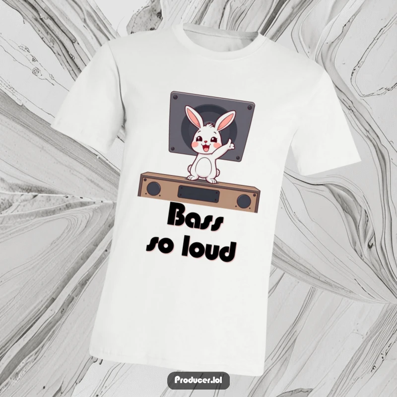 Funny cartoon rabbit bouncing and pointing at an imaginary booming speaker, a cool DJ tee.