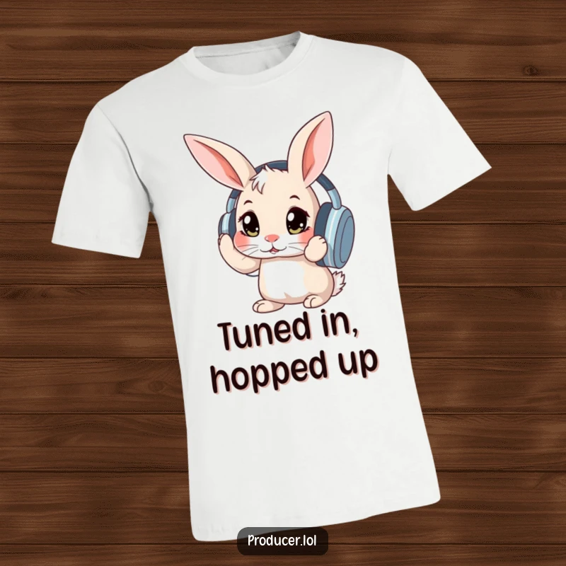 Funny curious rabbit with wide eyes adjusting large headphones, a humorous and charming t-shirt for music enthusiasts.