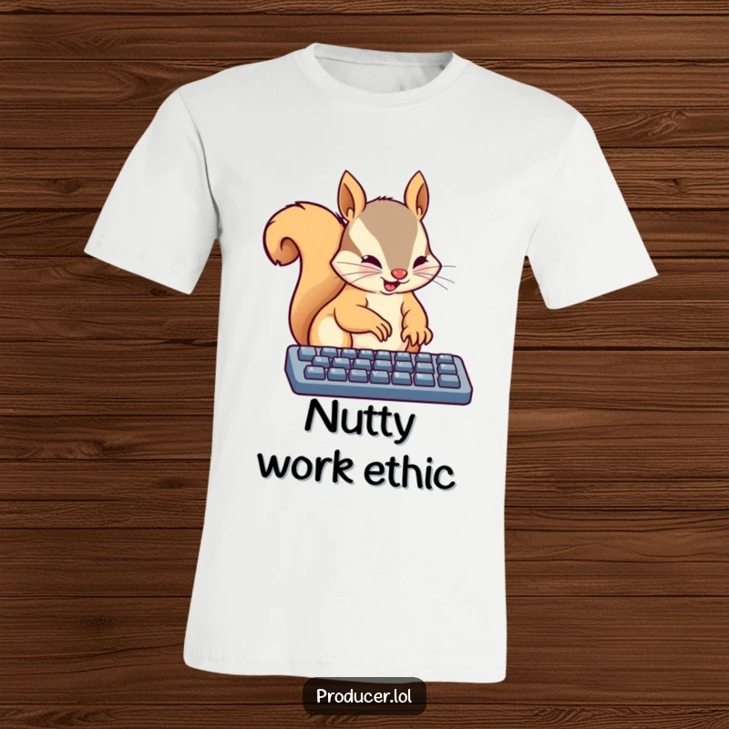 Funny t-shirt depicting a busy squirrel intensely tapping on a keyboard with tiny paws, embodying focus and energetic effort.