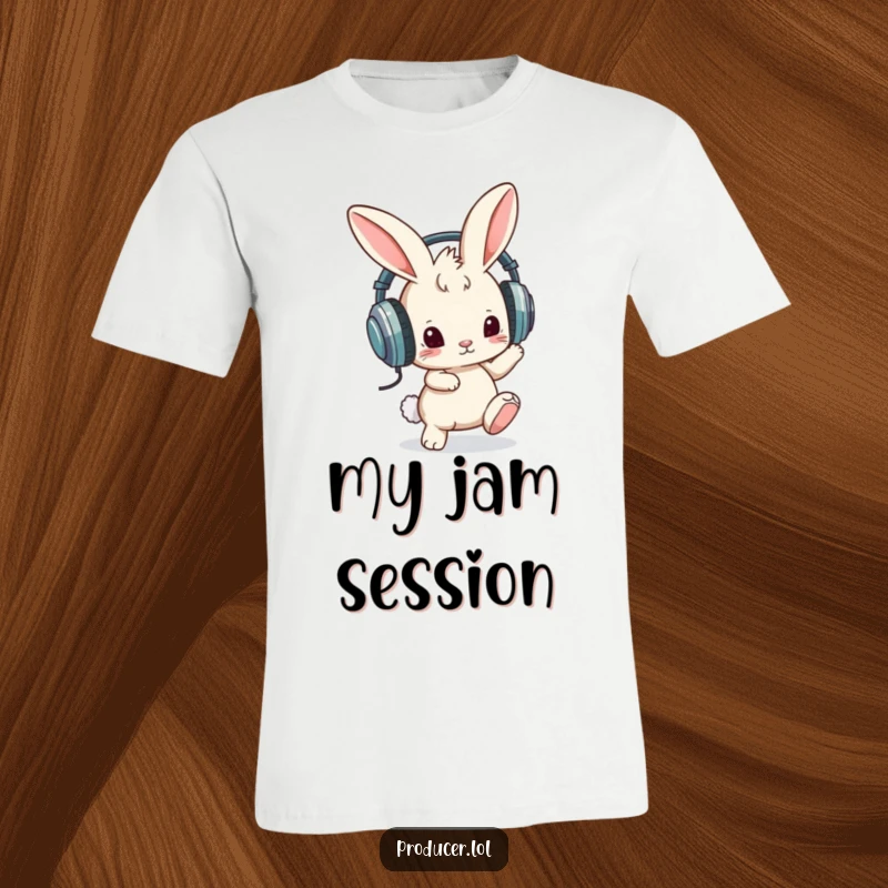 Funny t-shirt with a curious bunny wearing oversized headphones and tapping its foot, representing a funny, rhythmic, and music-adoring character.