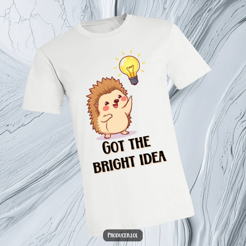 Funny t-shirt featuring a happy hedgehog pointing proudly at a bright, beaming lightbulb, representing funny innovation and cleverness.