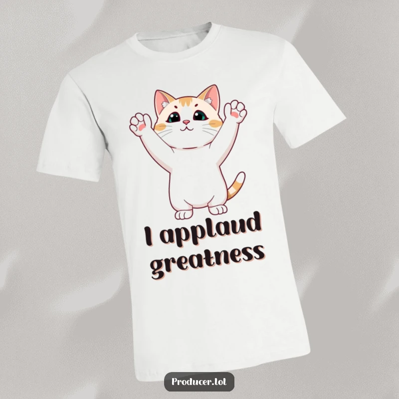Funny cat t-shirt showing a focused cat giving a standing ovation with its paws in the air, expressing excitement.