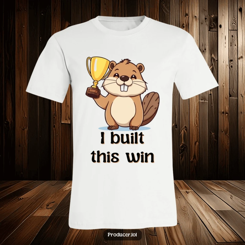 Funny t-shirt showing a triumphant beaver holding a trophy high, celebrating a hard-won victory with immense pride.