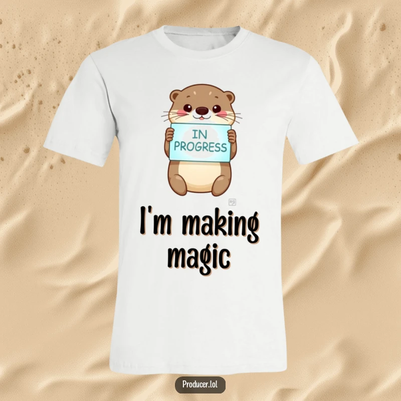 Funny otter t-shirt, beaming with joy, holding 'In Progress' sign, celebrating effort, work in progress apparel.