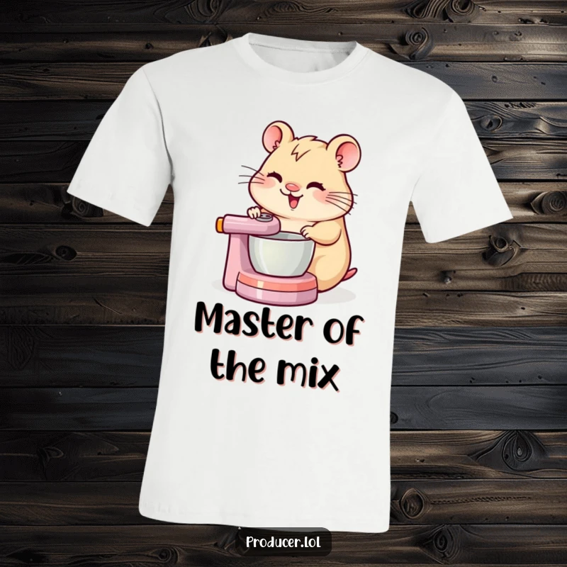 A cheerful hamster concentrating hard while spinning a mixing board, depicted on this funny tee for DJs.