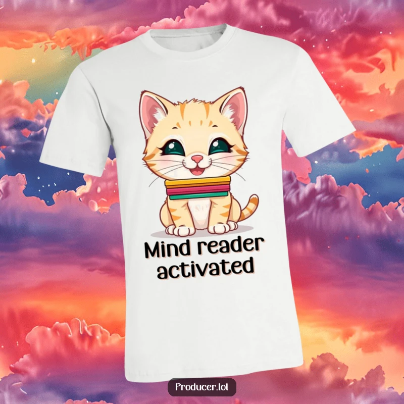 Funny Kitten T-Shirt: A giggling kitten balancing a stack of colorful cue cards on its nose, showcasing its talent.
