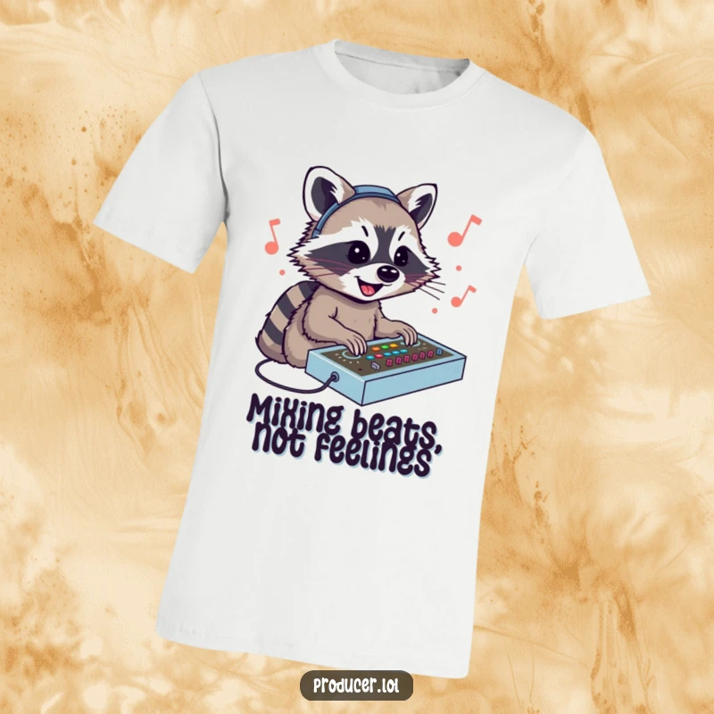 Funny Raccoon DJ T-Shirt: A smiling raccoon intensely focused on mixing sounds at a DJ console, capturing the joy of music production.