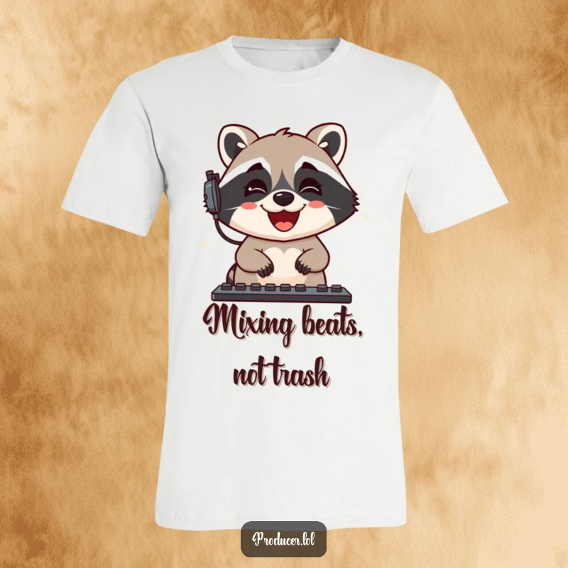 Funny Raccoon T-Shirt: A delighted raccoon is shown gleefully adjusting audio levels, perfect for music producers and sound engineers.