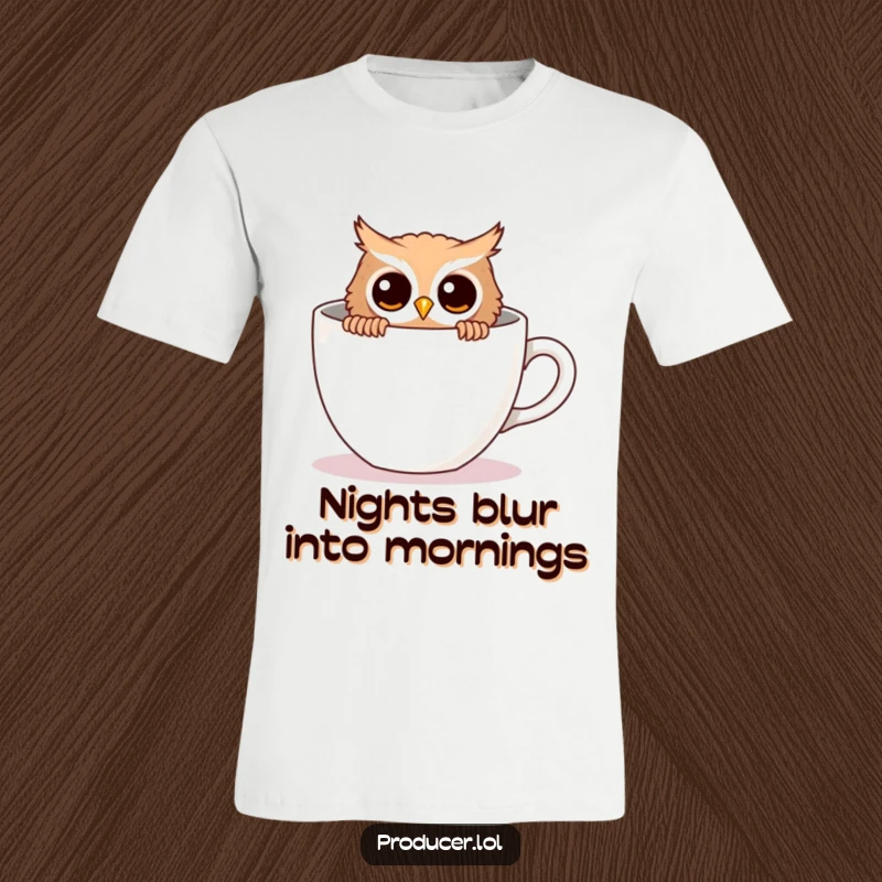 Funny owl t-shirt, curious owl peeking, large empty coffee cup, morning person humor, sleepy tee.