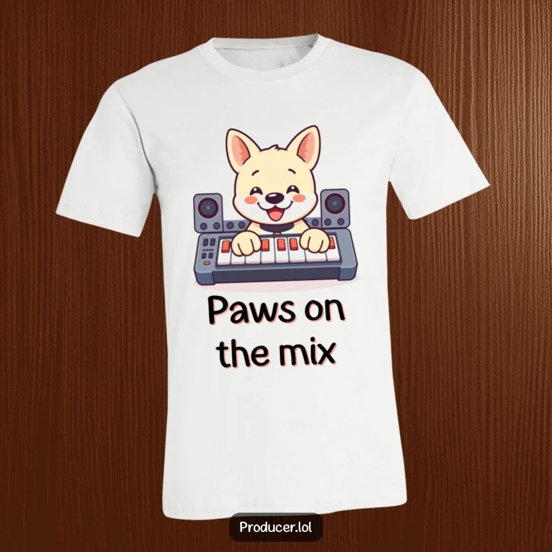 Funny t-shirt depicting a smiling dog energetically pressing buttons on a soundboard with its paws, a true canine music producer.