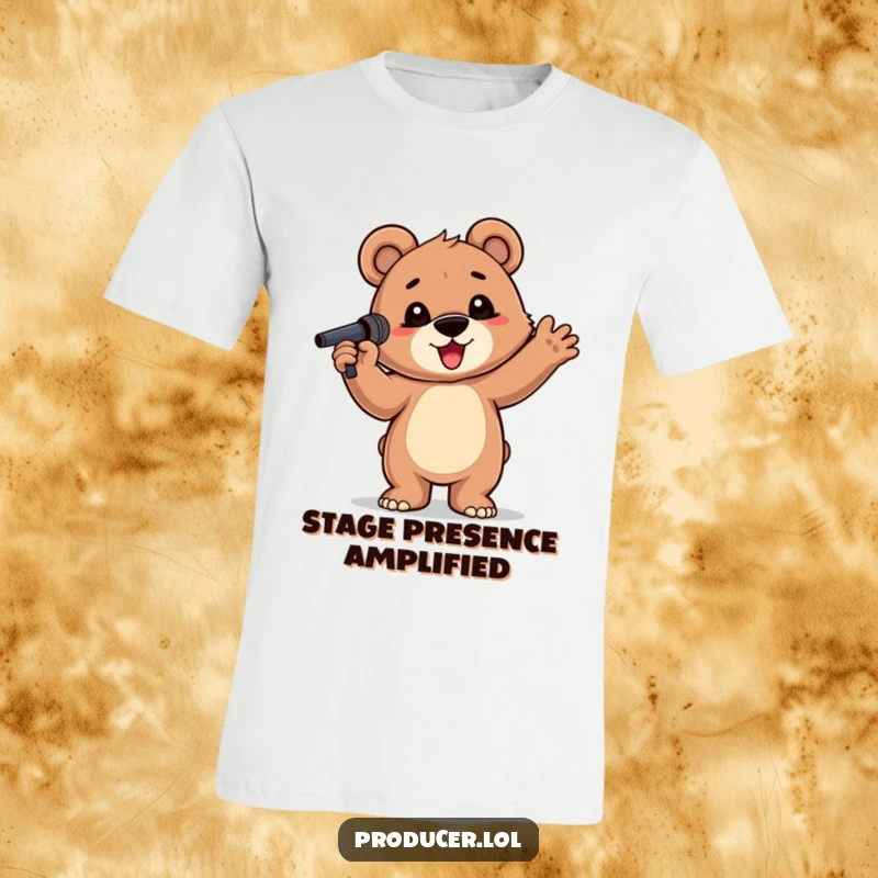Funny Bear Cub T-Shirt: A proud bear cub striking a dramatic pose with a microphone, ready for the spotlight, a funny gift.