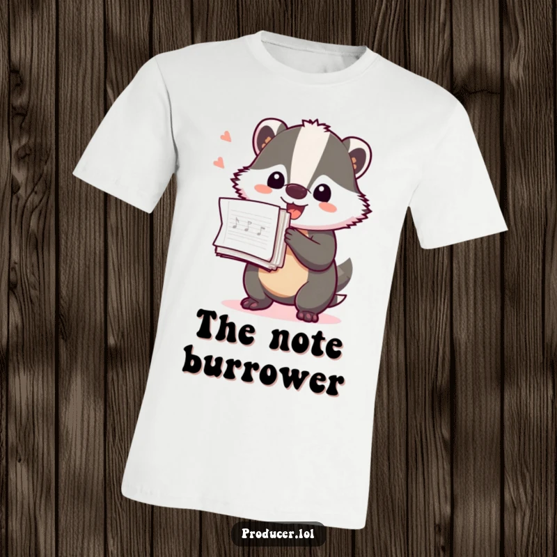Funny Badger Producer T-Shirt: A playful badger holding a large stack of music production notes, looking determined and focused.