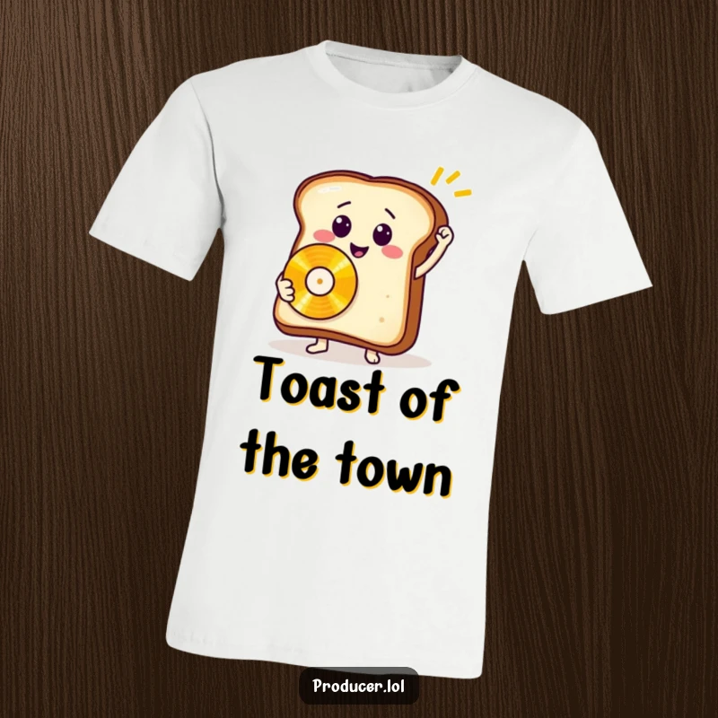 Funny toast rocker t-shirt featuring a smiling slice of bread holding a golden record, embodying musical achievement.