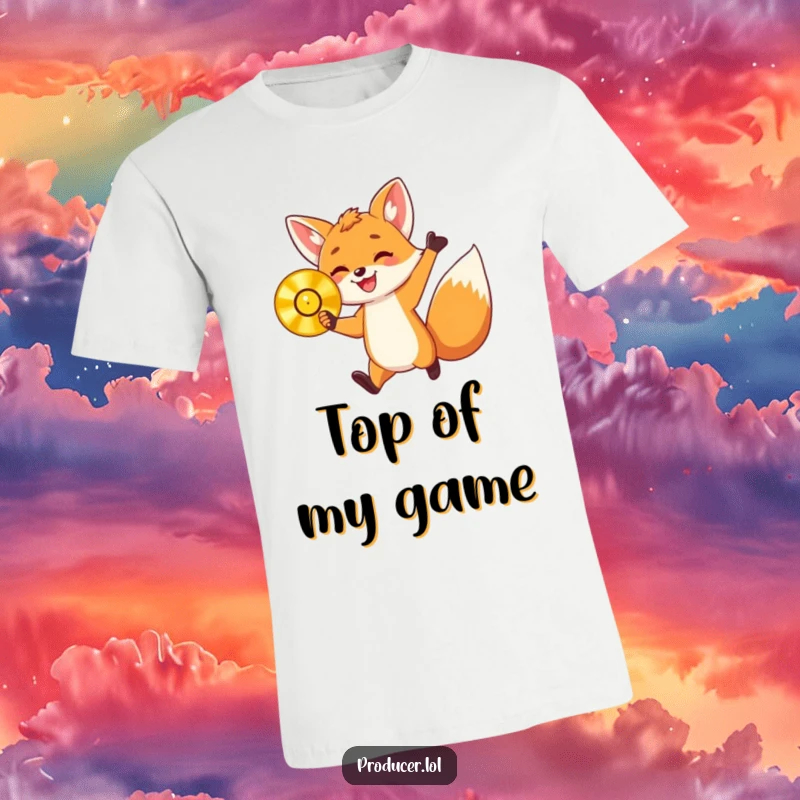 Funny t-shirt with an energetic fox cub holding a golden record and jumping with delight, representing funny achievement and pure happiness.