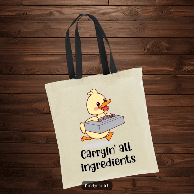 Funny duck tote bag with a happy cartoon character energetically pushing a large mixing board, ideal for carrying items with baking humor.