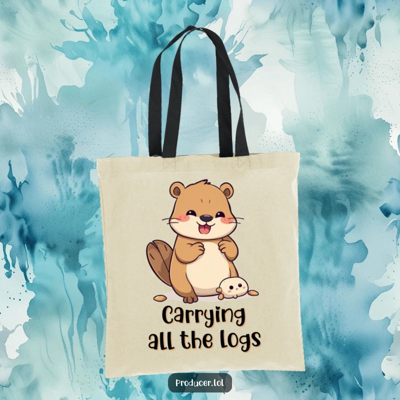 Funny Beaver Tote Bag: A beaver bounces with glee while assembling a complex structure, perfect for carrying craft supplies.