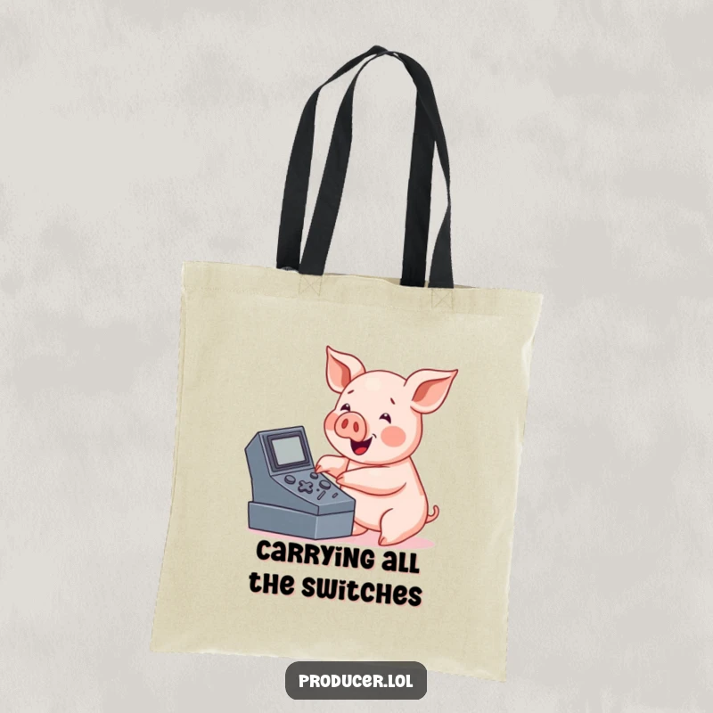 Funny pig tote bag, friendly character pressing buttons on a large console, ideal for tech accessories.