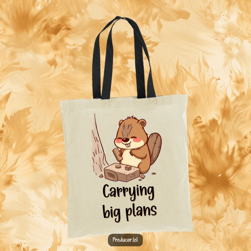 Funny Beaver Tote Bag showing a busy beaver enthusiastically hammering a miniature set piece, a practical funny gift.