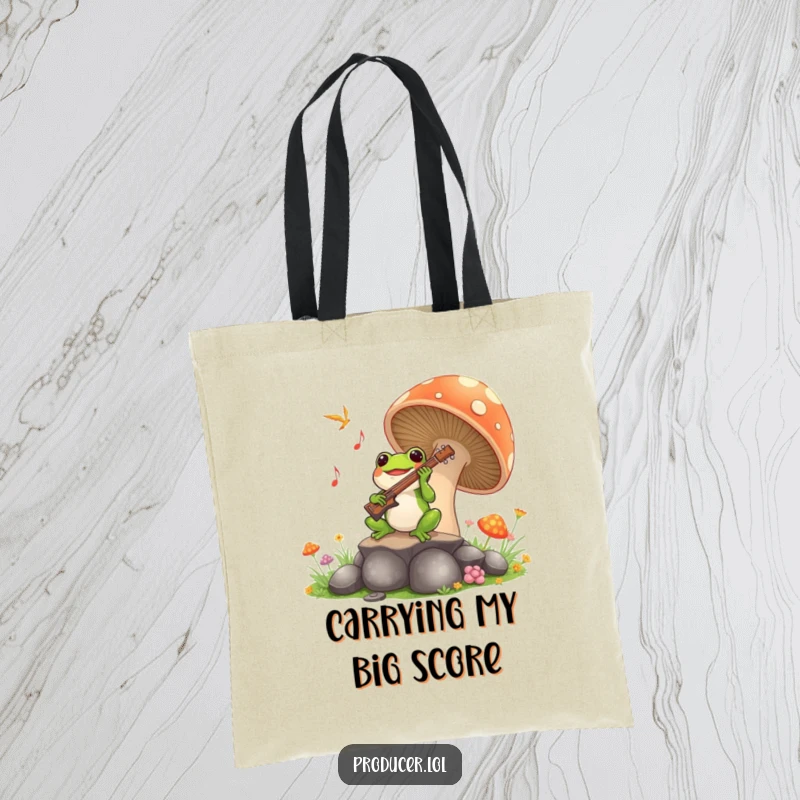 Funny Frog Symphony Tote Bag: A joyful frog playing music from a mushroom, a practical and hilarious tote for shopping or errands.