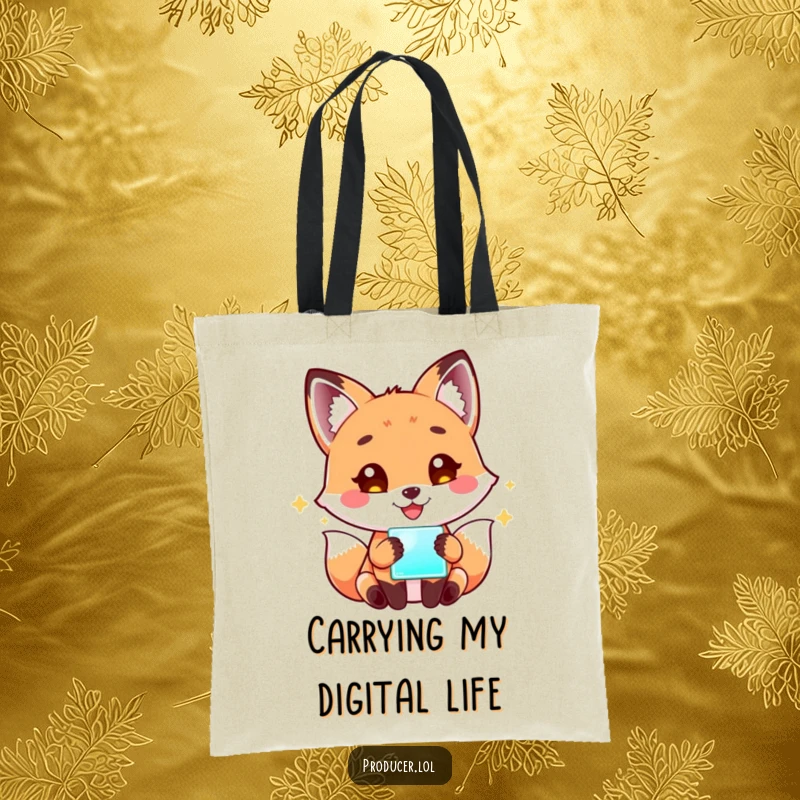 Funny Fox Tech Tote Bag: A playful fox smiles happily while engrossed in a glowing screen, ready to carry your essentials with tech flair.