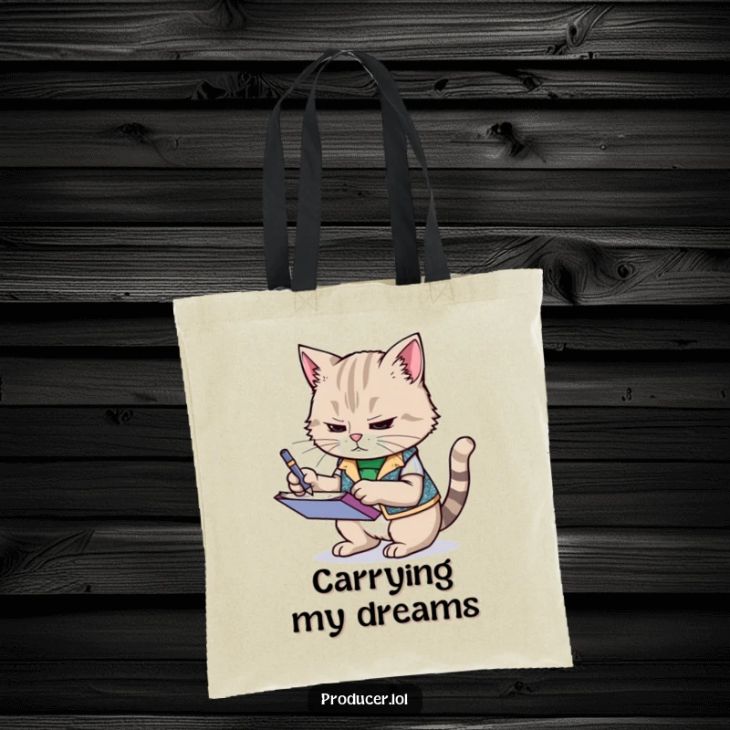 Funny cat wearing a sparkly vest, frantically scribbling notes on a notepad, durable tote bag, humorous accessory for everyday use.