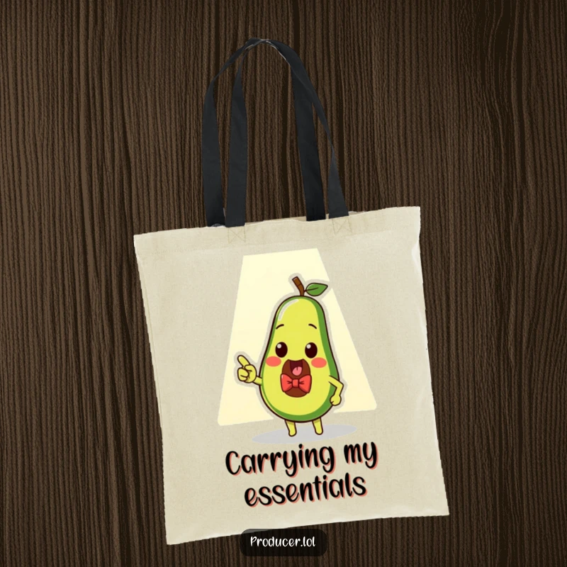 Funny avocado spotlight tote bag, showcasing a dapper avocado pointing at a spotlight, perfect for carrying essentials with flair.