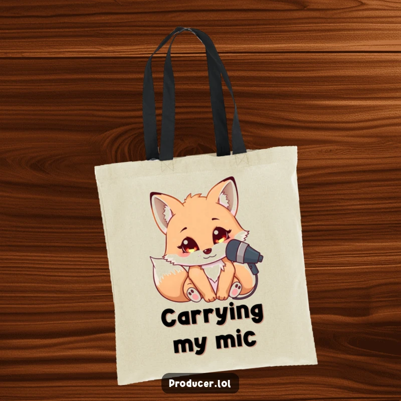 Funny Fox Singer Tote Bag: A cuddly fox leaning into a microphone with bright eyes, perfect for carrying music gear.