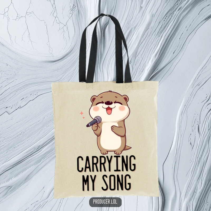 Funny otter tote bag, singing with microphone, delighted expression, music lover accessory, perfect for performers.