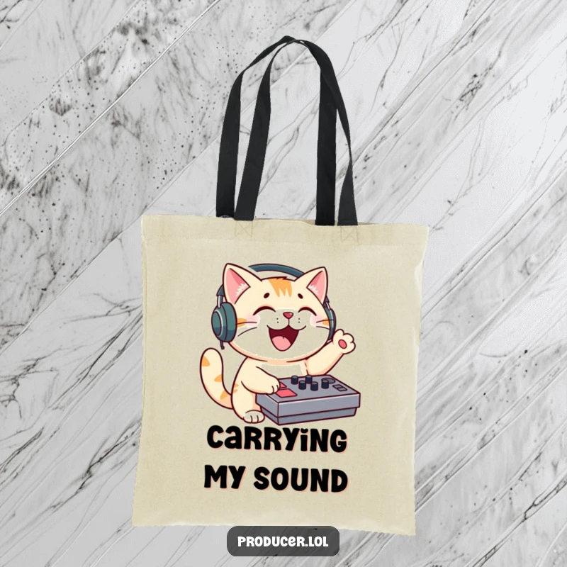 Funny cat DJ tote bag featuring an energetic feline with headphones, enthusiastically mixing music on a soundboard.