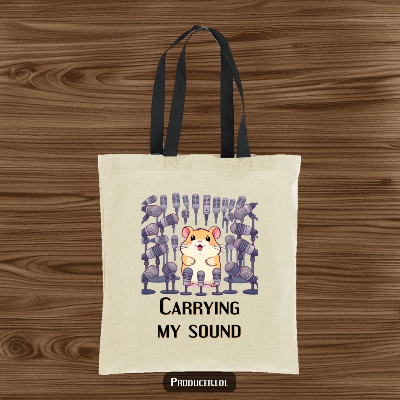 Funny tote bag featuring a happy hamster surveying a wide selection of microphones, perfect for performers and humor enthusiasts.