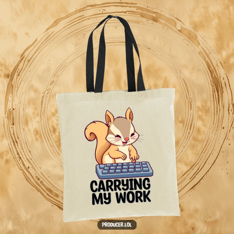 Funny tote bag showing a busy squirrel energetically typing on a keyboard with tiny paws, perfect for carrying essentials with a focus on work.
