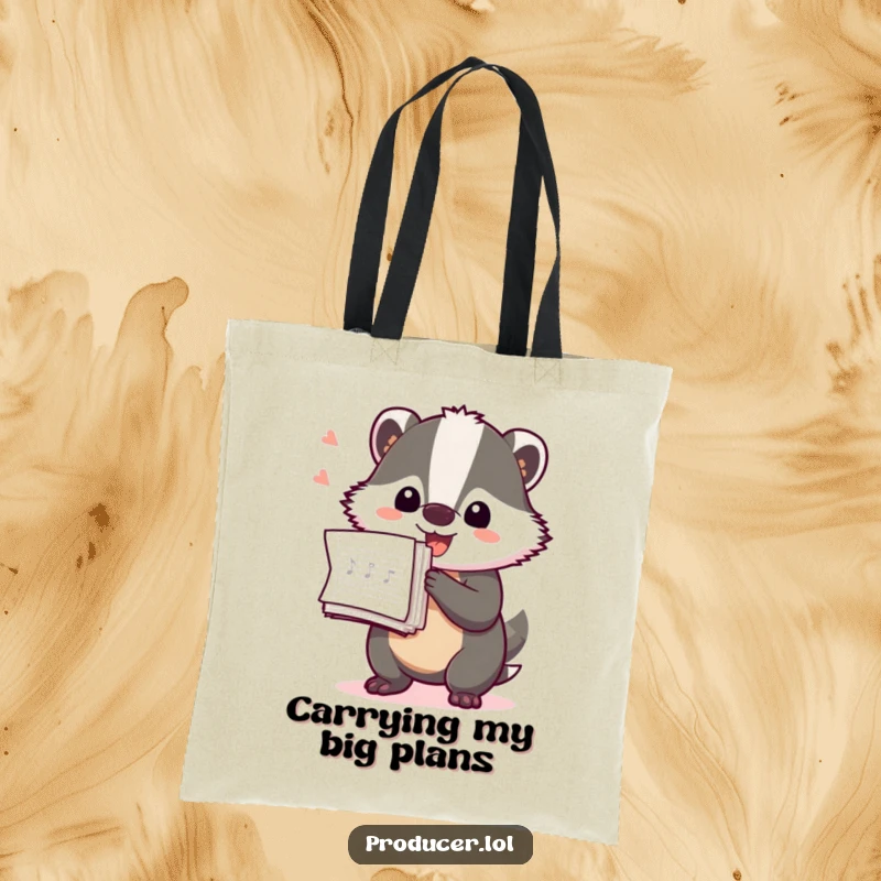 Funny Badger Producer Tote Bag: A playful badger holding a stack of production notes, designed for carrying music-related items.