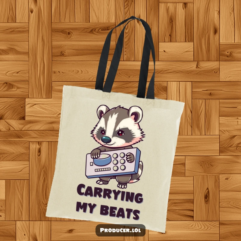 Funny badger tote bag, artist carrying mixing board, music producer accessory, stylish and functional, ideal for sound engineers.