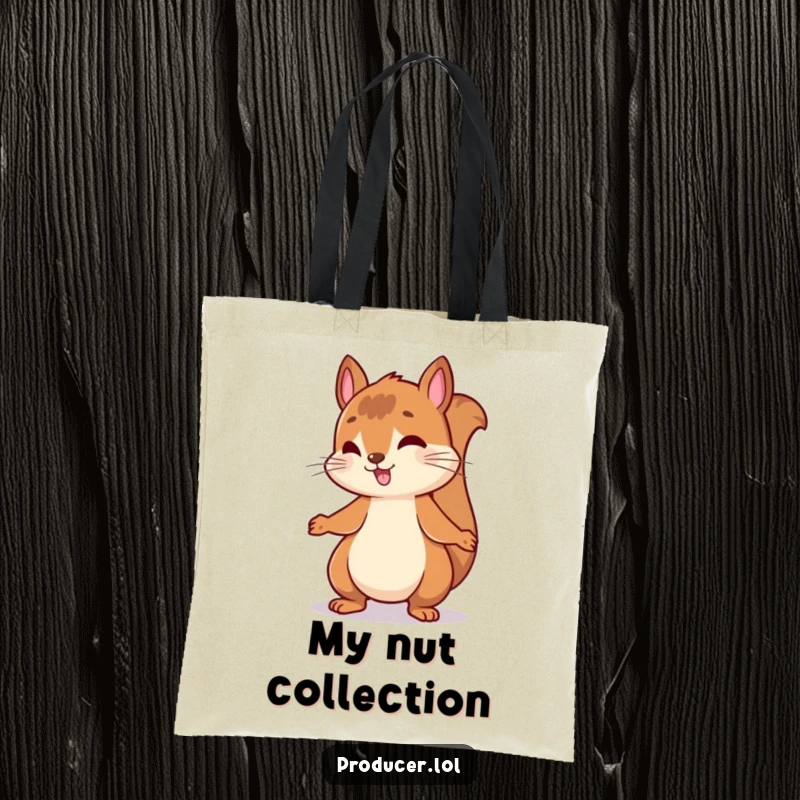 Funny tote bag illustration of an energetic squirrel bouncing and rhythmically nodding its head to an unseen, upbeat musical beat.