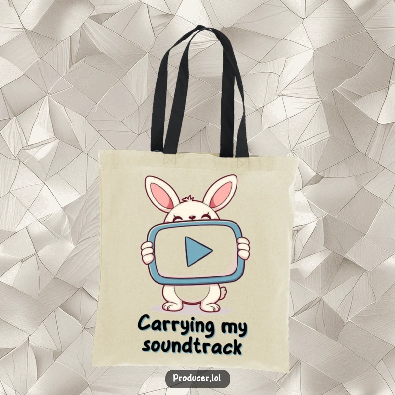 Funny bunny smiling determinedly while holding a large PLAY button, showcased on a practical tote bag.