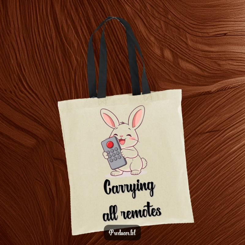 Funny Bunny Remote Control Tote Bag: A cheerful bunny presses a big red button with glee using a large remote, a fun and practical accessory.