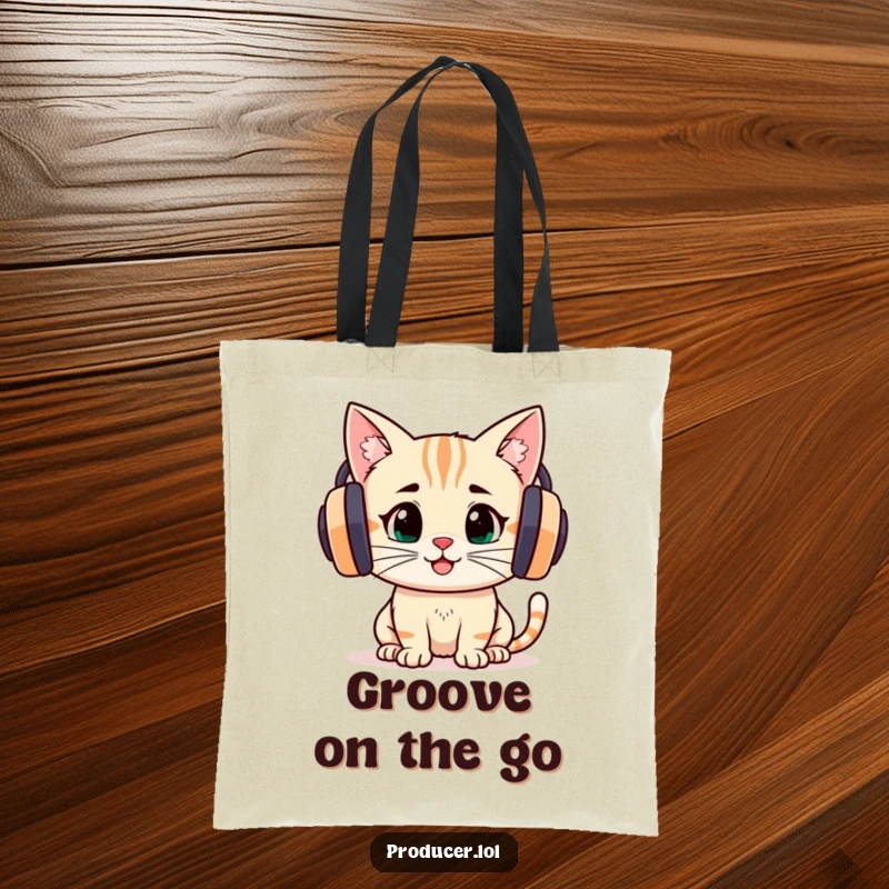 Funny determined cat wearing large headphones, listening intently with a happy expression, on this stylish tote bag.