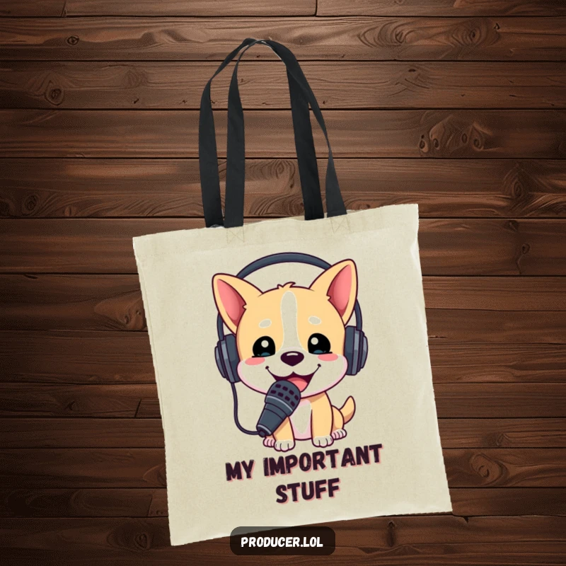Funny tote bag showing a happy dog wearing a headset and holding a microphone, ready for a broadcast or performance.