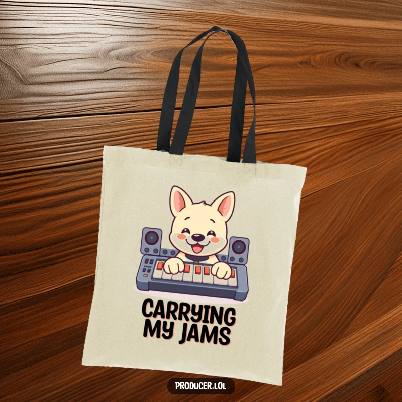 Funny tote bag featuring a smiling dog enthusiastically pressing buttons on a soundboard with its paws, a humorous and practical accessory.