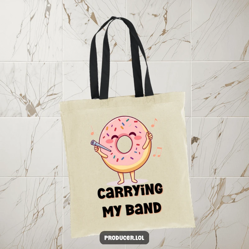Funny donut conductor tote bag, showcasing a joyful sprinkle donut leading an orchestra, perfect for music enthusiasts.