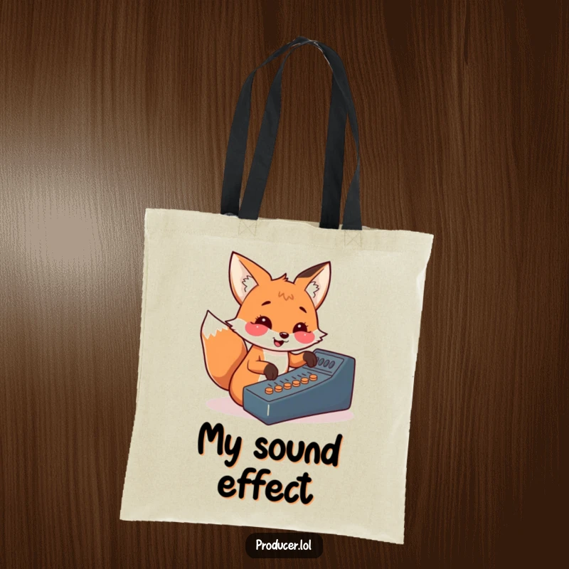Funny fox tote bag, cheerful DJ design, carrying sound equipment, stylish and practical, perfect for music events.