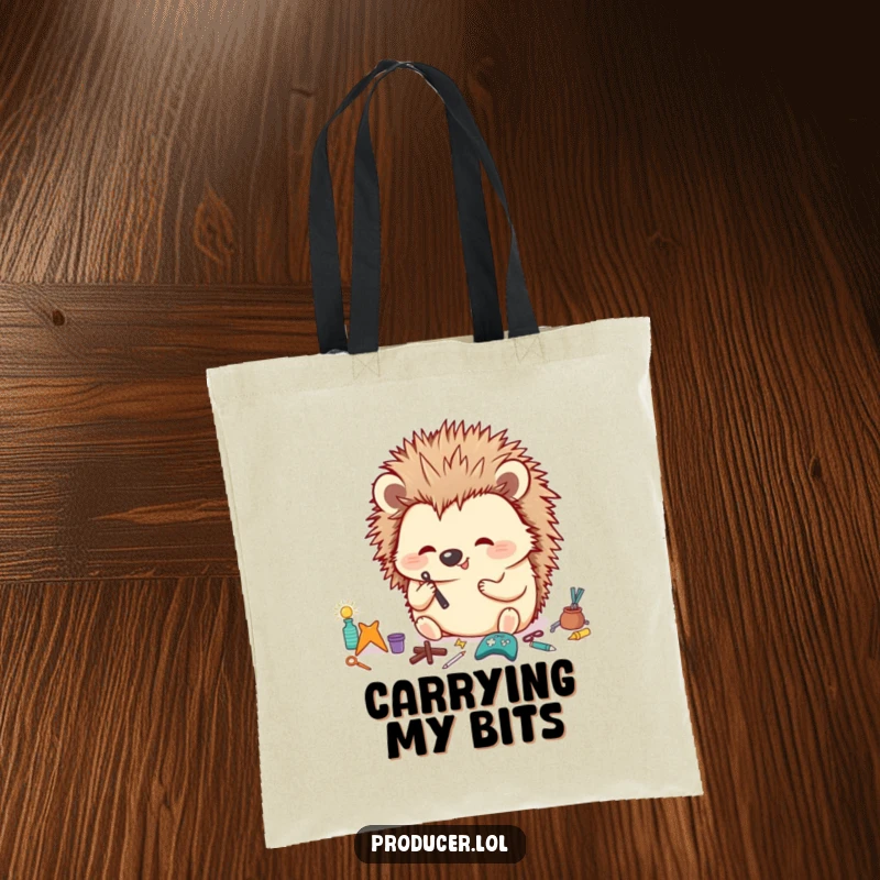 Funny Hedgehog Tote Bag showing a happy hedgehog meticulously organizing tiny props with a focused look, practical funny gift.