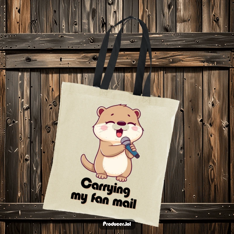 Funny otter tote bag, cute animal holding a microphone, singing with eyes closed, perfect for music lovers.