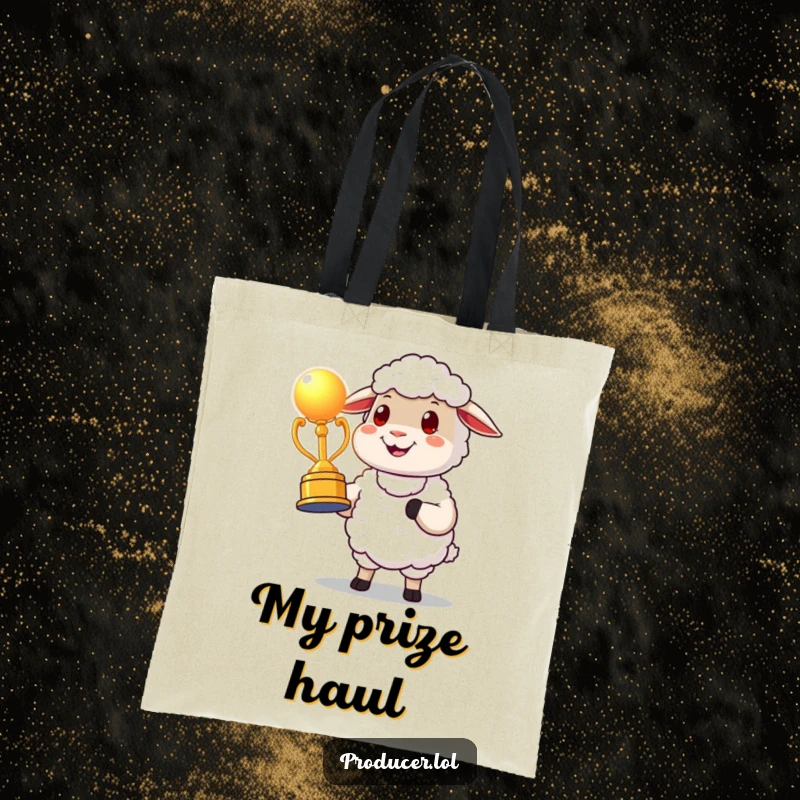 Funny cartoon sheep tote bag proudly presenting a glowing award statue, showcasing success with a satisfied and carry-all attitude.