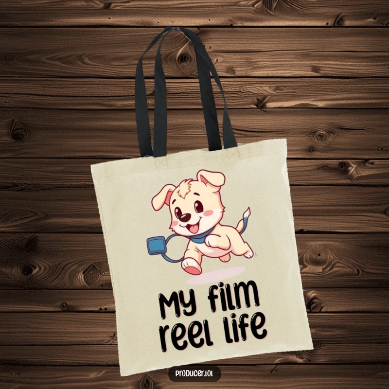 A playful puppy runs excitedly, trailing a roll of film, printed on a durable tote bag for film enthusiasts.