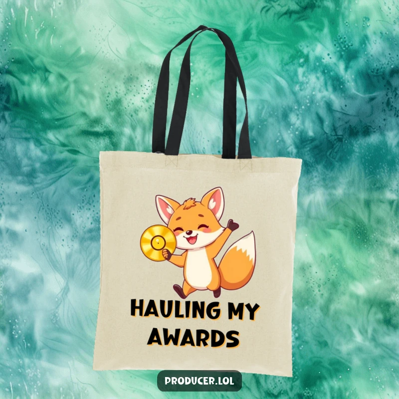 Funny tote bag with an energetic fox cub holding a golden record and jumping with delight, ideal for carrying items with a humorous, celebratory flair.