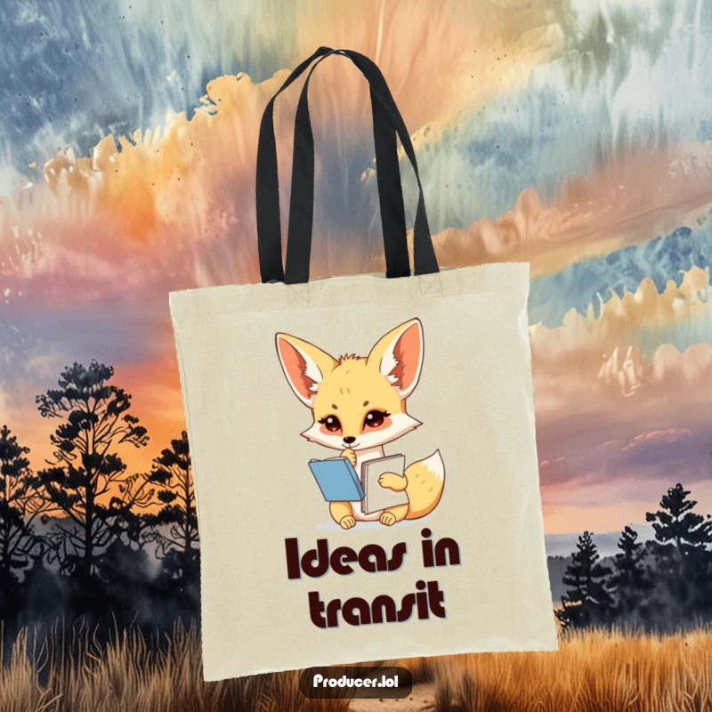 Funny fennec fox tote bag, pondering writer, script notebook, stylish accessory, book lover gift.