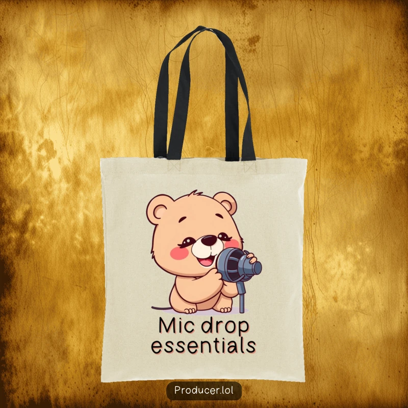 Funny tote bag featuring a cartoon bear with a look of intense, happy concentration, leaning into a microphone to sing.