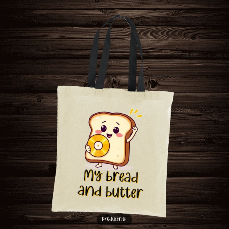 Funny toast record tote bag, showcasing a smiling bread slice with a golden record, perfect for music lovers.